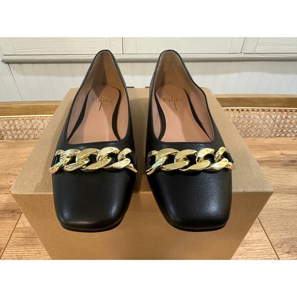 Linea Paolo Natalie Black Flats Size 7 NWOB Gold Chain Detail Unique Heel - Picture 6 of 12